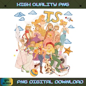 May include: A digital illustration featuring multiple blonde characters in various outfits, including a space suit, cowgirl attire, and gowns. The design includes blue clouds, a rocket, a sheriff star, a ball, and the large yellow letters TS.
