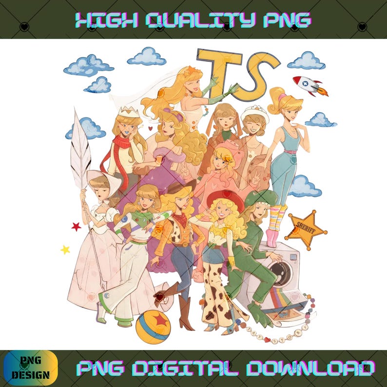 May include: A digital illustration featuring multiple blonde characters in various outfits, including a space suit, cowgirl attire, and gowns. The design includes blue clouds, a rocket, a sheriff star, a ball, and the large yellow letters TS.