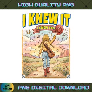 May include: A digital illustration featuring a person with blonde braided hair wearing a yellow plaid shirt, blue jeans, and red cowboy boots, walking down a path. The person holds a guitar and a brown hat. Text reads I KNEW IT I KNEW YOU.