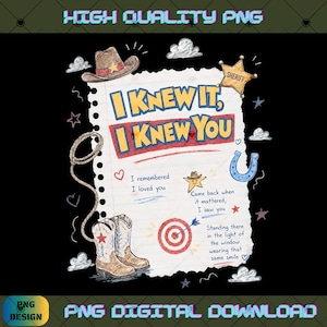 Op de afbeelding: Een digitale afbeelding op een gescheurd vel notitiepapier met de tekst I KNEW IT, I KNEW YOU, vergezeld van illustraties van een cowboyhoed, een sheriffster, een lasso, cowboylaarzen, een hoefijzer, een doelwit en diverse kleine sterren.