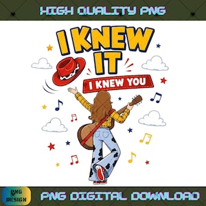 May include: A digital graphic featuring a person with long brown hair seen from behind, wearing a yellow plaid shirt and blue cow-print pants. They hold a guitar and a red hat. Text reads I KNEW IT and I KNEW YOU, surrounded by clouds, stars, and music notes.
