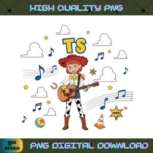 May include: A digital illustration of a cartoon cowgirl with red hair wearing a red hat, white shirt, and cow-print pants, playing an acoustic guitar. The design includes blue musical notes, white clouds, yellow stars, a ball, and a sheriff badge.