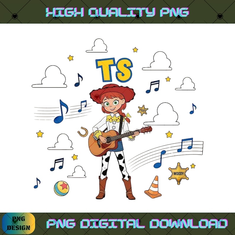 May include: A digital illustration of a cartoon cowgirl with red hair wearing a red hat, white shirt, and cow-print pants, playing an acoustic guitar. The design includes blue musical notes, white clouds, yellow stars, a ball, and a sheriff badge.