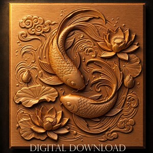 Könnte beinhalten: Eine detaillierte, goldbraune Reliefschnitzerei mit zwei Koi-Fischen, die um Lotusblumen und Wasserelemente schwimmen. Die Worte "DIGITAL DOWNLOAD" stehen am unteren Rand des Bildes. Das Kunstwerk hat eine quadratische Form.
