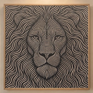 May include: A square wall art piece featuring a stylized lion face rendered in black and beige. The design consists of intricate, flowing, wavy lines that form the lion's mane and facial features, all enclosed within a simple, light-toned wooden frame.