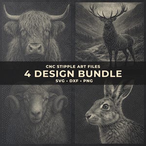 Könnte beinhalten: Eine digitale Kunstsammlung mit vier Tierporträts im Punktierstil: ein Stier, ein Hirsch, ein Widder und ein Hase. Die schwarz-weißen Designs sind mit dem Text CNC STIPPLE ART FILES 4 DESIGN BUNDLE SVG DXF PNG überlagert.