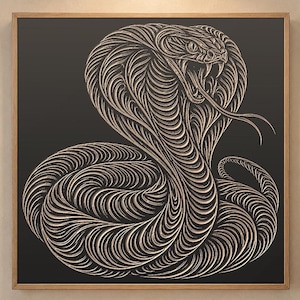 May include: A square framed wall art piece featuring a detailed line-art illustration of a cobra with its hood flared and mouth open. The snake is rendered in light beige lines against a solid black background, encased in a light wood frame.
