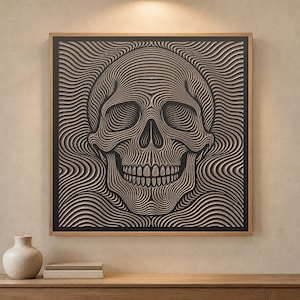 May include: A square wall art piece featuring a black and beige graphic illustration of a human skull. The design is composed of intricate, flowing, wavy lines that create a three-dimensional effect, all encased in a light wood frame.