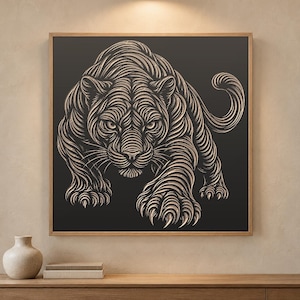 May include: A square wall art piece featuring a stylized tiger illustration in beige lines against a solid black background. The tiger is depicted in a crouching, forward-facing position with visible claws, framed in a light-colored wooden frame.