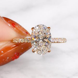 Bague de fiançailles diamant ovale 2 carats, anneau pavé, or 14 carats, cadeau d'anniversaire