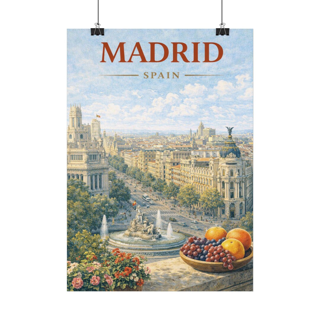Madrid Spain Vintage Cityscape Posters | Gran Vía Fountain Travel Art ...