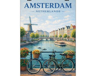 Póster con escena de los canales de Ámsterdam / Arte de viajes de los Países Bajos, lámina vintage de molino de viento con bicicleta
