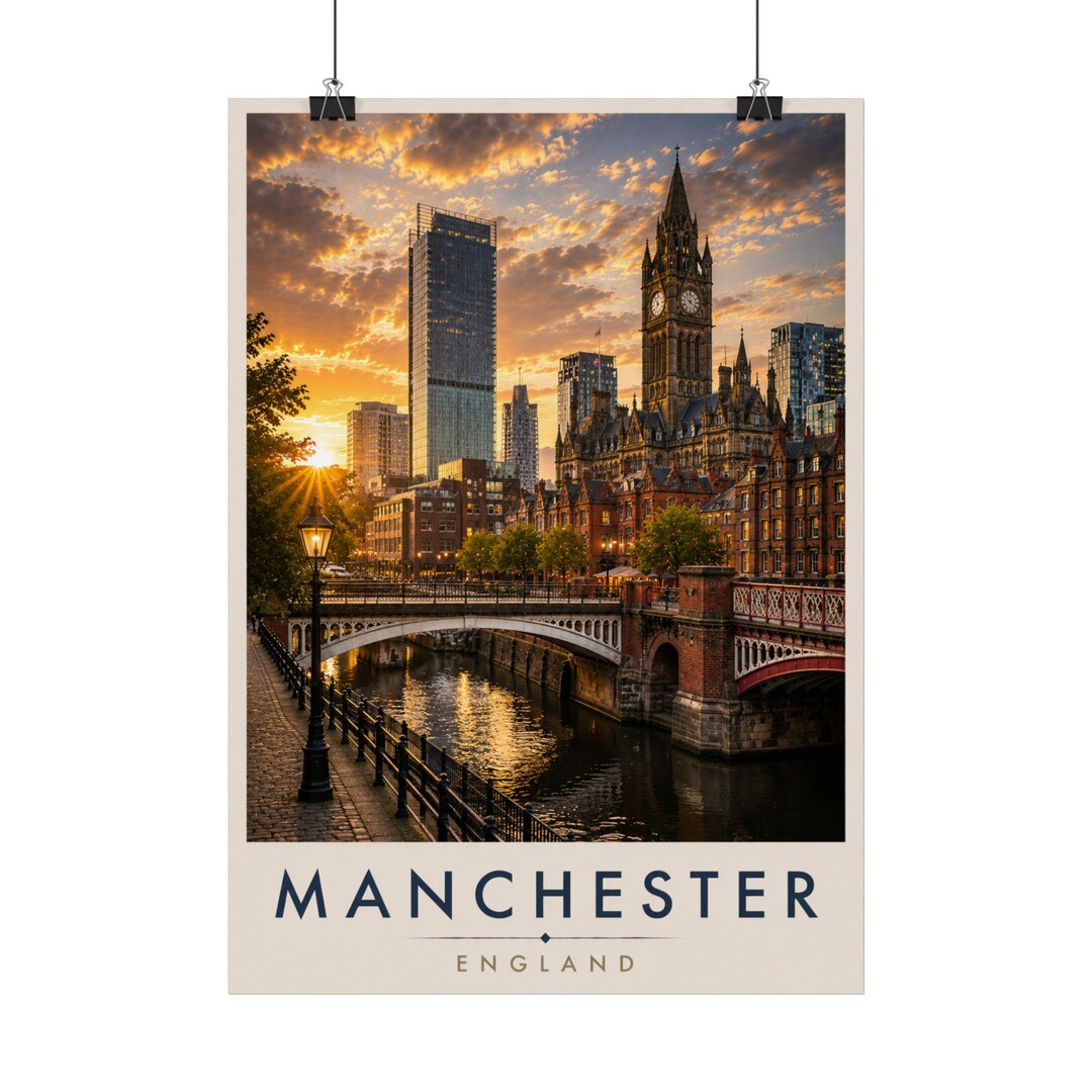 Manchester Poster Manchester Skyline Sunset Poster | Manchester England Travel Wall Art ...