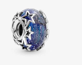 Galaxy Blue & Star Murano Charm for Bracelet - Pandora Fit Charm Sterling Silver S925