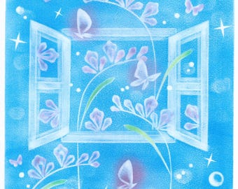 Freesia by the Window (窓辺のフリージア) | Japanese Pastel Art | Handmade Calm Blue Floral Wall Decor | Dreamy Butterfly Night Artwork