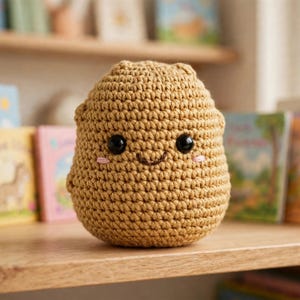 Puede incluir: Un juguete de peluche tejido a ganchillo de color tostado con forma de patata y parte superior redondeada. Presenta dos ojos de seguridad de plástico negro, una pequeña sonrisa bordada en marrón y dos diminutas mejillas rosadas.