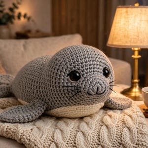 May include: A gray crocheted seal plush toy with a cream-colored belly, large dark brown plastic eyes, and black embroidered whiskers. The stuffed animal has a rounded head, small flippers, and a textured yarn surface.