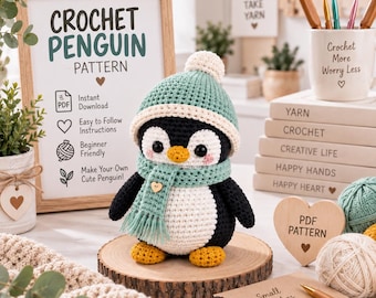 May include: A crocheted penguin toy with a black and white body, wearing a mint green hat with a white pom-pom and a matching scarf with a small heart button. The penguin has orange feet and a beak, positioned on a round wooden slice.