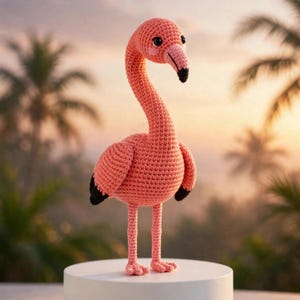 May include: A crochet flamingo toy featuring a vibrant pink yarn body with a long, curved neck. The bird has black-tipped wings, a black-tipped beak, and small dark eyes. It stands on two thin, pink crocheted legs on a smooth white circular base.
