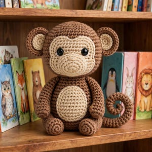 May include: A crocheted monkey soft toy featuring dark brown yarn for the body and light beige yarn for the face, ears, and belly. The monkey has large black plastic safety eyes, a rounded snout, and a curled tail extending to the right.
