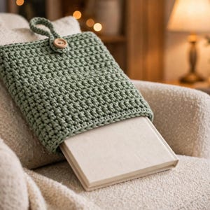 May include: A sage green crocheted sleeve with a textured stitch pattern, featuring a single wooden button closure and a matching loop at the top. A rectangular, cream-colored book is partially inserted into the open end of the sleeve.
