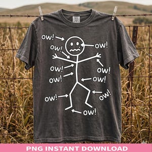 May include: A charcoal gray short-sleeve t-shirt featuring a white stick figure graphic. The figure has a pained expression with a tear and is surrounded by multiple arrows pointing to various body parts, each labeled with the text ow!