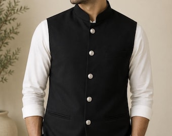 Chaqueta Nehru festiva atemporal / Elegante abrigo Nehru negro para hombre.