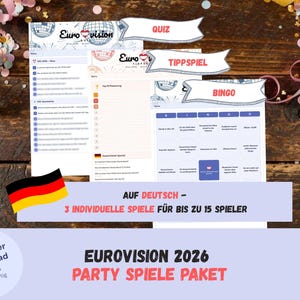 May include: Eurovision 2026 party game pack with quiz, tip game, and bingo. The design includes the Eurovision logo, German flag, and text in German. The pack is designed for up to 15 players.