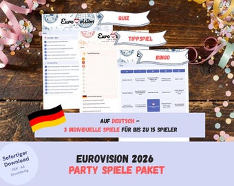 ESC 2026 Party Spiele-Paket auf Deutsch – Quiz, Bingo & Tippspiel für den Eurovision Song Contest | Druckvorlagen PDF