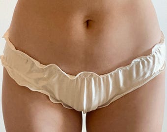 Silk Ruffle Knickers | Pearl White Satin Underwear | Women's Lingerie | Bridal Knickers