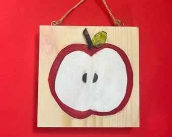 Apple, Apple art, collage, paper art, kitchen wall decor, art on wood block, apple decor, fruit art, food art, mixed media, fruit wall decor