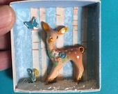 Christmas diorama, tiny diorama, vintage office box, miniature Christmas decor, miniature deer, deer diorama, winter scene, woodland