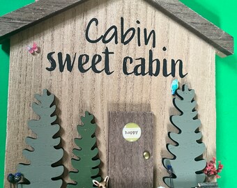 Camping, camping decor, log cabin, rustic decor, camping art, wood cabin art, miniature deer, outdoorsy decor, wood decor, camper art