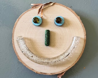 Face art, on wood slice, found items, birch slice, recycled art, whimsical face art, face decor, wall decor, wood home decor, face wall art