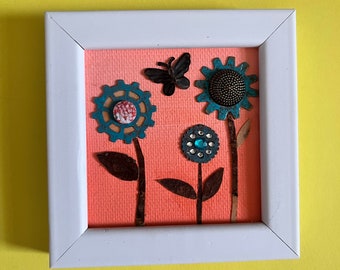 Flower art, flower wall art, assemblage, patina gears, small flower wall art, flower wall hanging, spring wall decor, mixed media in canvas