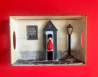 Queens guard, Diorama, shadow box, fairy garden, miniatures, London, London art, queens castle, recycled art, wall decor, queens guard shack