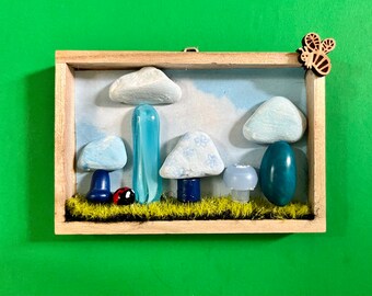 Mushroom, painted rocks, mushroom wall decor, mushroom wall art, diorama art,  woodland art, mushroom artwork, found item, beads