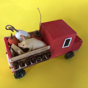 Miniature, farm truck, fairy garden, Thanksgiving decor, miniature truck, miniature pig and pumpkins, fall, autumn decor, rustic decor