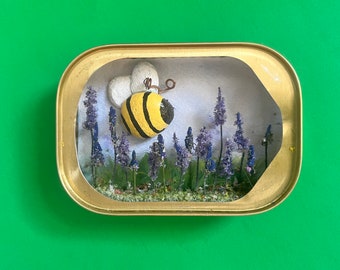 Diorama, shadow box, fairy garden, wall art, miniature garden scene, painted rock, bee, bee rick, bee wall decor, lavender, garden wall art