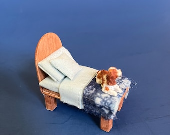 Handmade Miniature Dollhouse Bed with Puppy: Fairy Garden Furniture