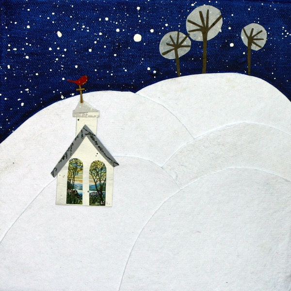Winter Church mixed media, Vermont, snow, winter landscape, canvas, collage, trees, snowing solitary, blue and white, cardinal, Christmas