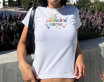 Embroidered Colorful Bubble Letter Pediatric Nurse Sweatshirt, Vintage Peds Nursing T-shirt, Registered Nurse RN Baby Tee, Graduation Gift