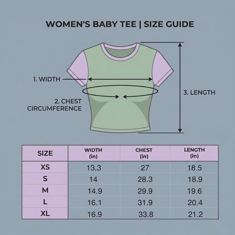 May include: A size guide for a baby tee, with measurements in inches. The guide includes width, chest circumference, and length for sizes XS to XL. The tee is light green with pink sleeves.
