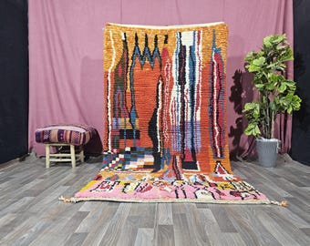 BOHEMIAN Beni Ourain RUG, Vintage Made MOROCCAN Carpet, Handmade Berber Area Rug, Abstract Orange & Striped Rug, Hand Knotted Wool Rug.