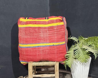 Moroccan Striped Pouf, Moroccan Handmade Pouf, Beni Ourain Ottoman for Bohemian Living Room Decor, Red Artisan Patterns Pouf, Yoga Pouf.