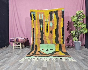 Handmade Moroccan Rug, Ivory Beni Ourain Rug - Diamond Pattern High Pile Berber Area Rug for Living Room, Yellow & Striped Rug, Berber Rug.