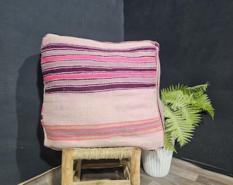 Striped Handmade Pouf, Berber Ottoman Pouf, Moroccan Kilim Wool Pouf, Boho Floor Cushion , Authentic Wool Footstool Pouf, Vintage Wool Pouf.