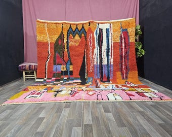 Multicolored Handmade Rug, Moroccan Boujaad Wool Rug, Berber Carpet, Boho Decor Rug, Striped Orange Rug, Hand Tufted Beni Ourain Wool Rug.