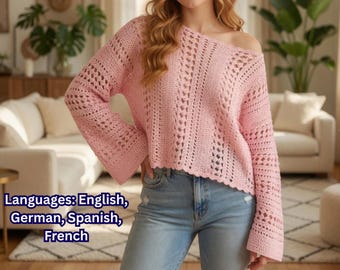 Übergroßes Boho Lace Häkeltop Muster PDF, sommerliche Häkelbluse, anfängerfreundlich, XS-5XL, fließendes Pullovermuster