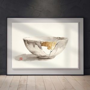 May include: A framed watercolor painting of a ceramic bowl featuring a prominent crack repaired with gold leaf. The bowl is rendered in shades of grey and white, with a distinct gold-filled fracture. A small red square seal is visible on the left.
